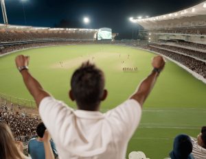 A behind-the-back view shows a man cheering excitedly, arms raised, as he watches a live cricket game, stadium lights illuminating the field and players in action.