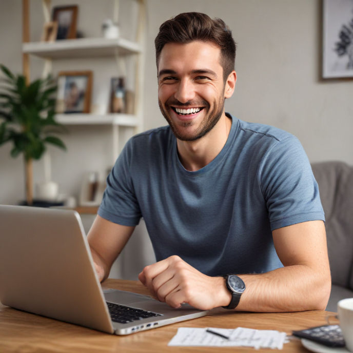 A man smiling confidently at home, using his laptop, celebrating a win in an online game.