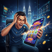 The image depicts a young man, likely Malaysian, in a state of intense excitement and disbelief, clutching his head with both hands while staring wide-eyed at a smartphone. The phone's screen prominently displays an online slot game with "MEGA WIN" and "JACKPOT" notifications, accompanied by glowing effects and flying golden coins, signifying a huge win.