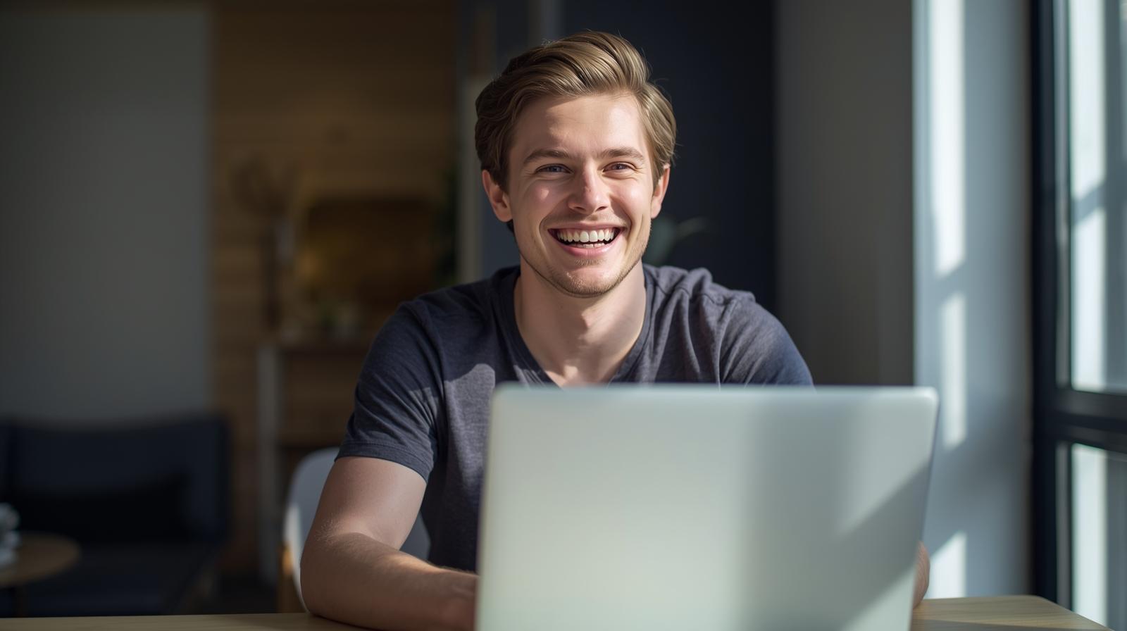 Man smiling at laptop, celebrating online gaming win in bright casual home setting.