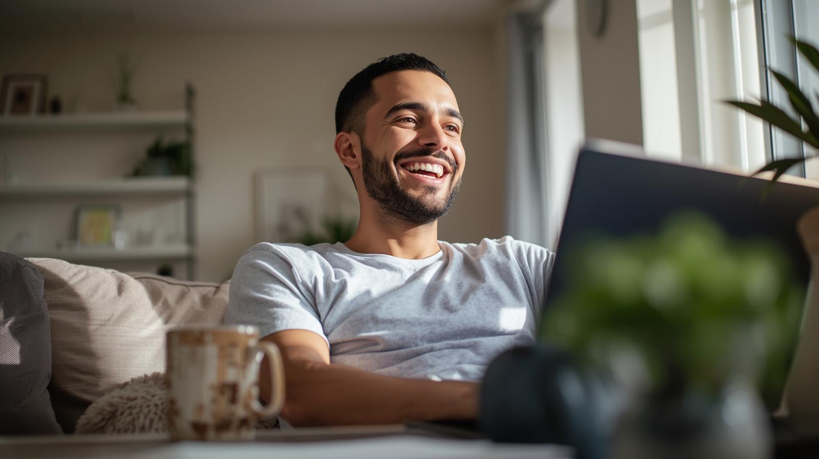 Young adult enjoying bright, cheerful space interacting happily with sports platform.