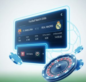 A clean sports-betting visual featuring digital odds boards, football imagery, and casino elements with a European design style